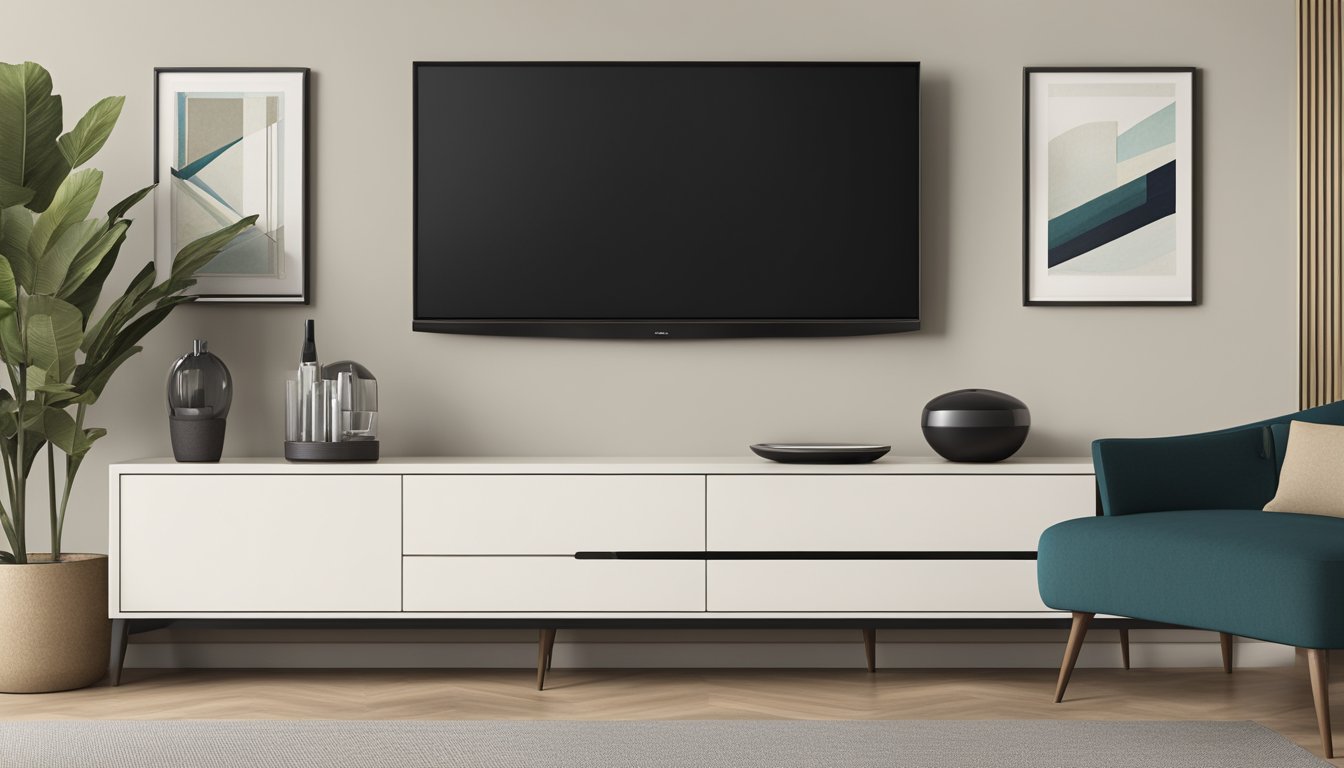 A sleek, modern curved TV console sits against a neutral wall, with a large flat-screen TV mounted above it. The console is minimalist in design, with clean lines and a glossy finish