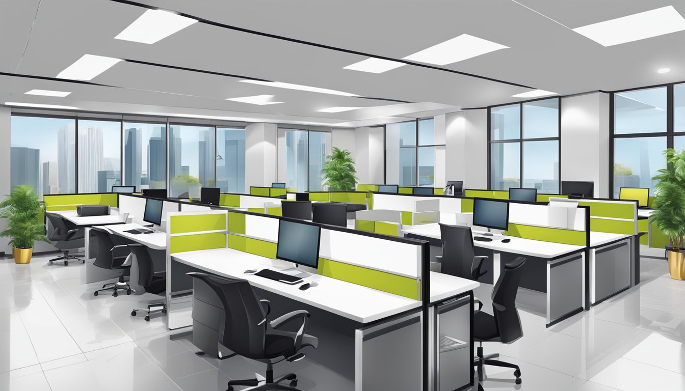 A sleek, modern office with stylish furniture and vibrant color accents. The space exudes professionalism and creativity, with a clean and organized layout