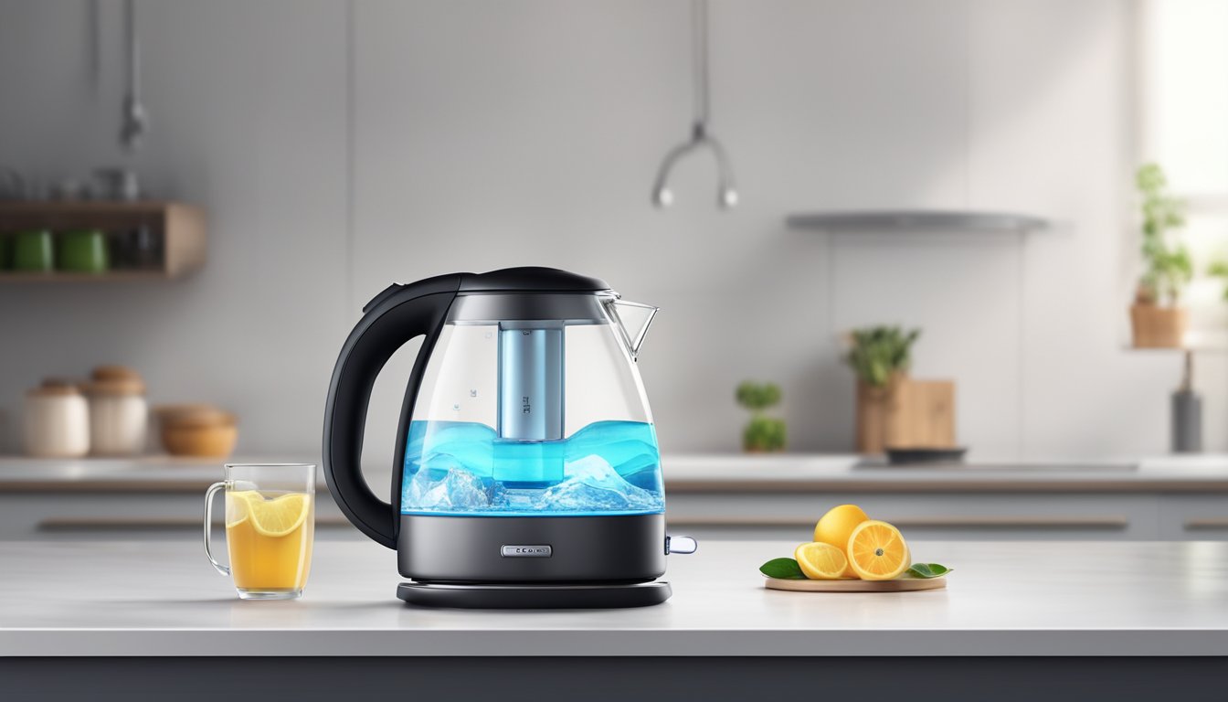 An electric water kettle sits on a modern kitchen countertop, with a sleek and minimalist design, featuring a transparent water level indicator and illuminated power switch