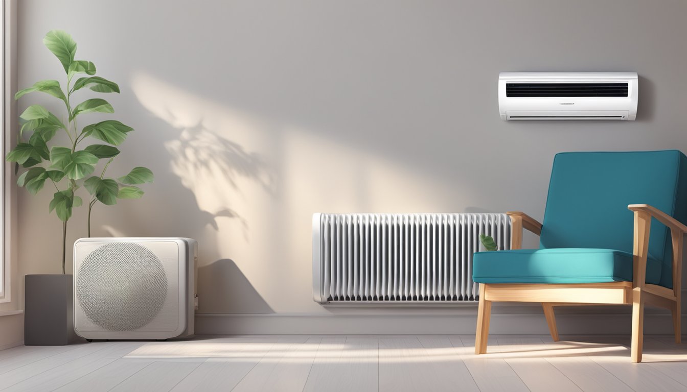 A small air conditioning unit hums quietly in the corner, its vents gently blowing cool air into the room