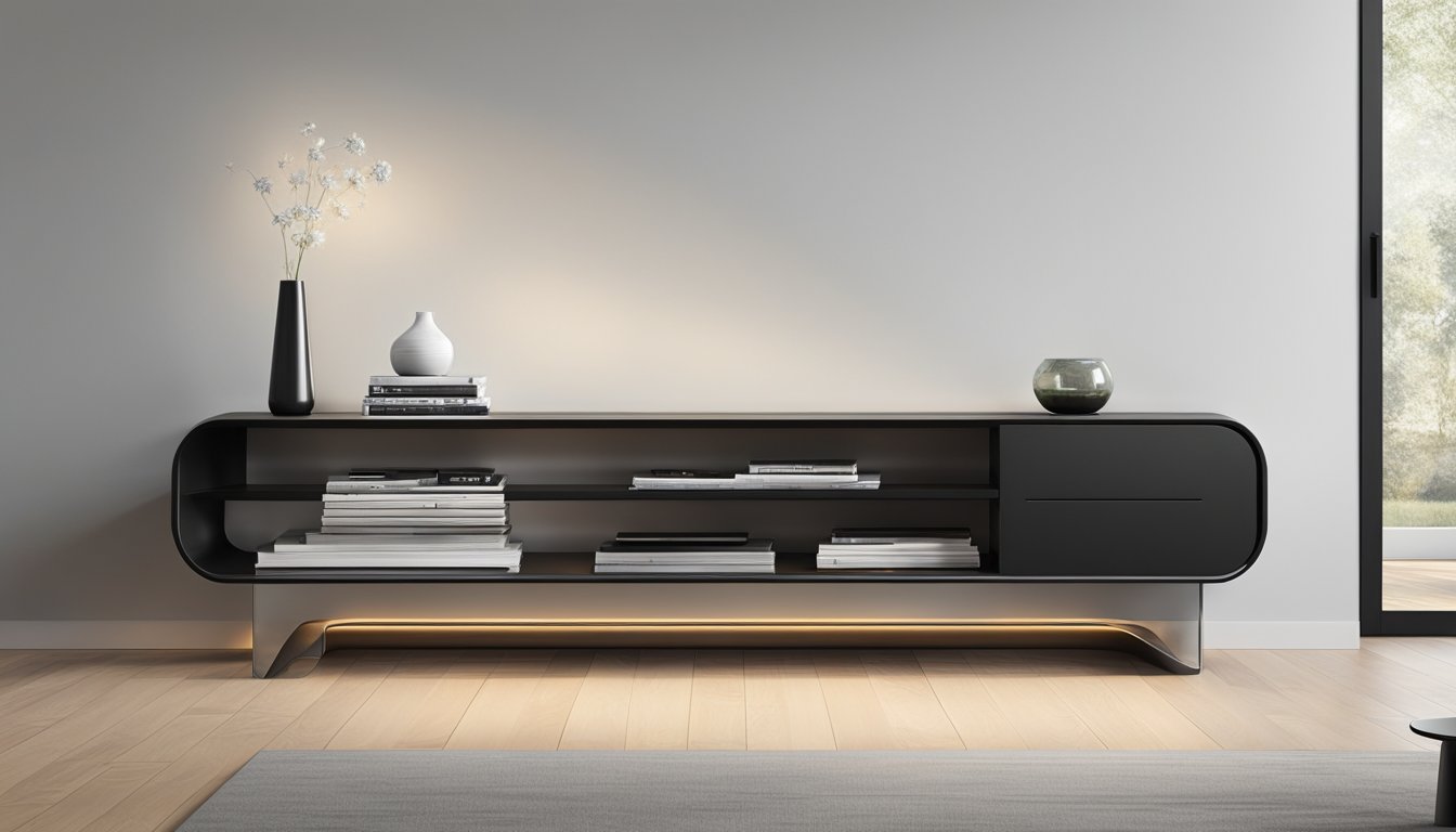 A sleek, modern curved TV console sits against a minimalist backdrop, with clean lines and a glossy finish. The console features open shelving and a sleek, low-profile design