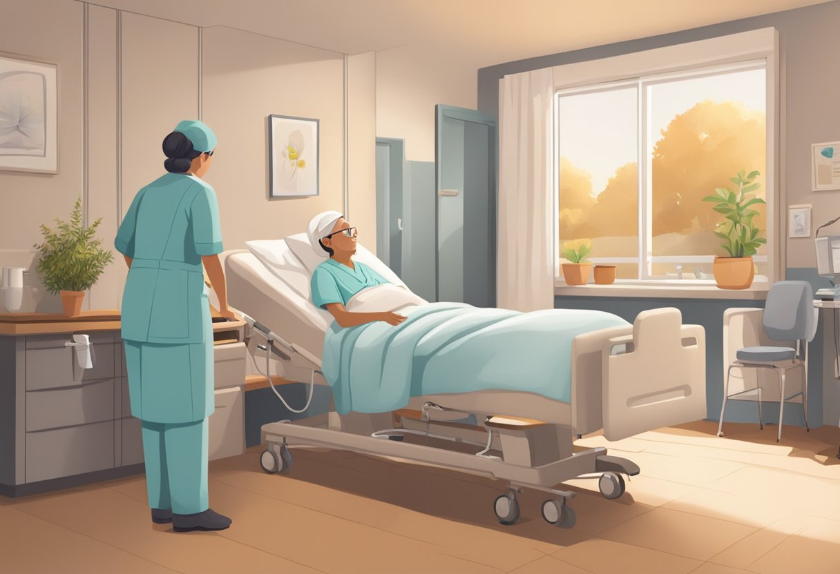 A serene room with soft lighting and comfortable furnishings. A nurse administers medication while a patient rests peacefully