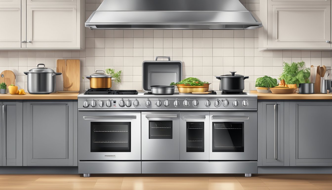 A multi-function cooker simmers, grills, and bakes in a modern kitchen setting
