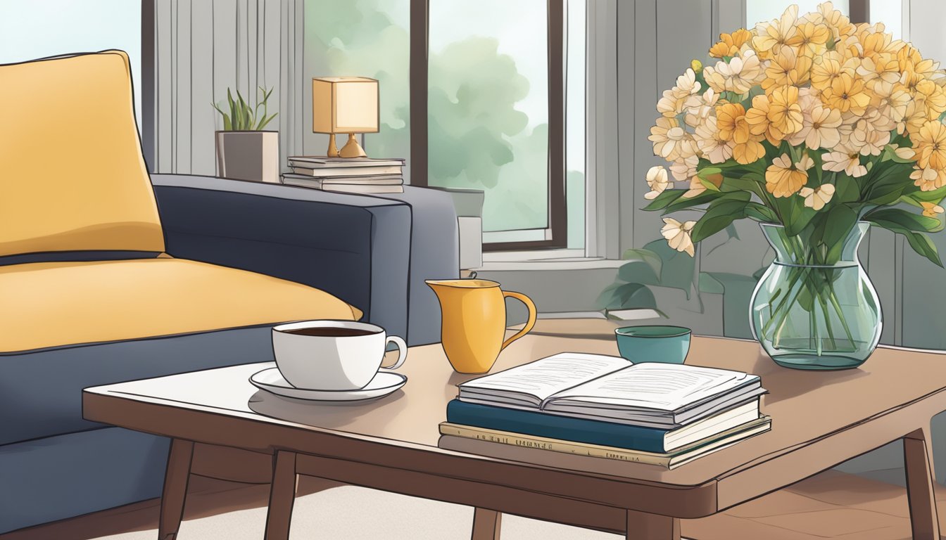 A small coffee table sits in a cozy living room in Singapore, adorned with a vase of fresh flowers and a stack of books