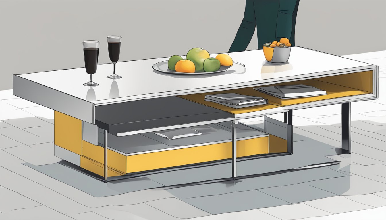 A hand reaches to adjust the height of a sleek, modern coffee table, transforming it from a low cocktail table to a functional dining surface
