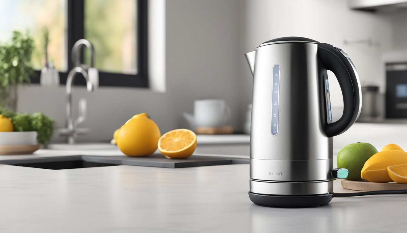 An electric water kettle sits on a clean kitchen countertop, its sleek design and durable materials suggest longevity. Regular maintenance tools are nearby