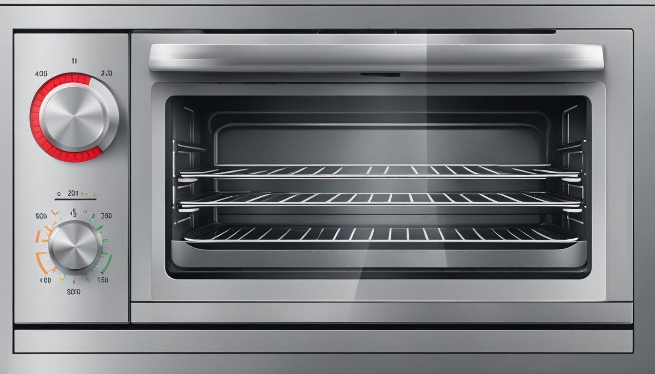 The oven dial is turned to the desired temperature. The oven door is closed, and the red preheat light turns on