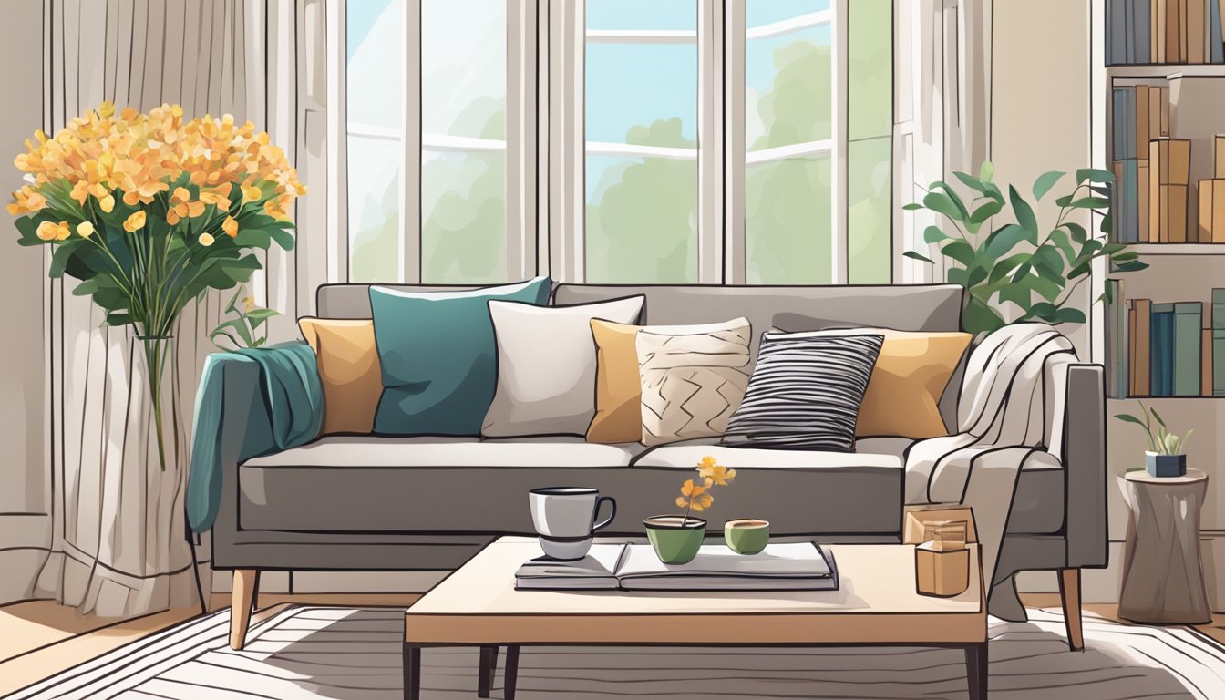 A cozy living room with a modern sofa and a small coffee table, adorned with a vase of fresh flowers and a stack of books