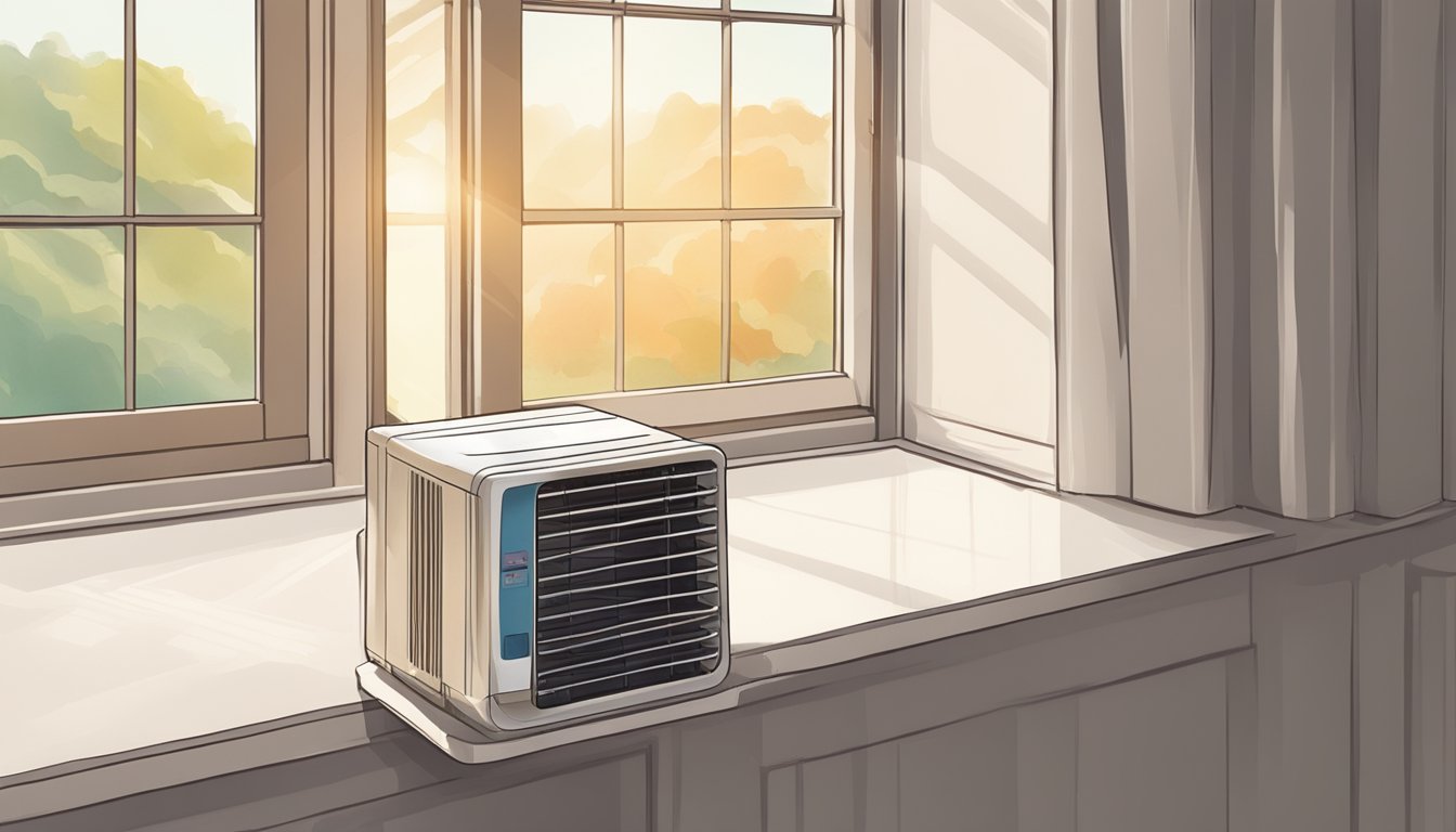 A small air conditioning unit sits on a windowsill, blowing cool air into a cozy room with sunlight streaming in