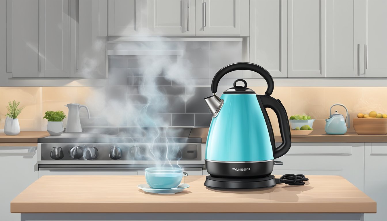 An electric water kettle sits on a kitchen countertop, steam rising from its spout as it boils water. A cord trails from the base to an outlet