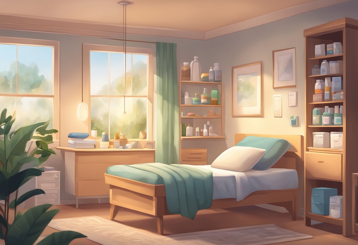A serene room with soft lighting, a comfortable bed, and a peaceful atmosphere. Various medications and medical equipment are neatly organized on a nearby table, ready for use