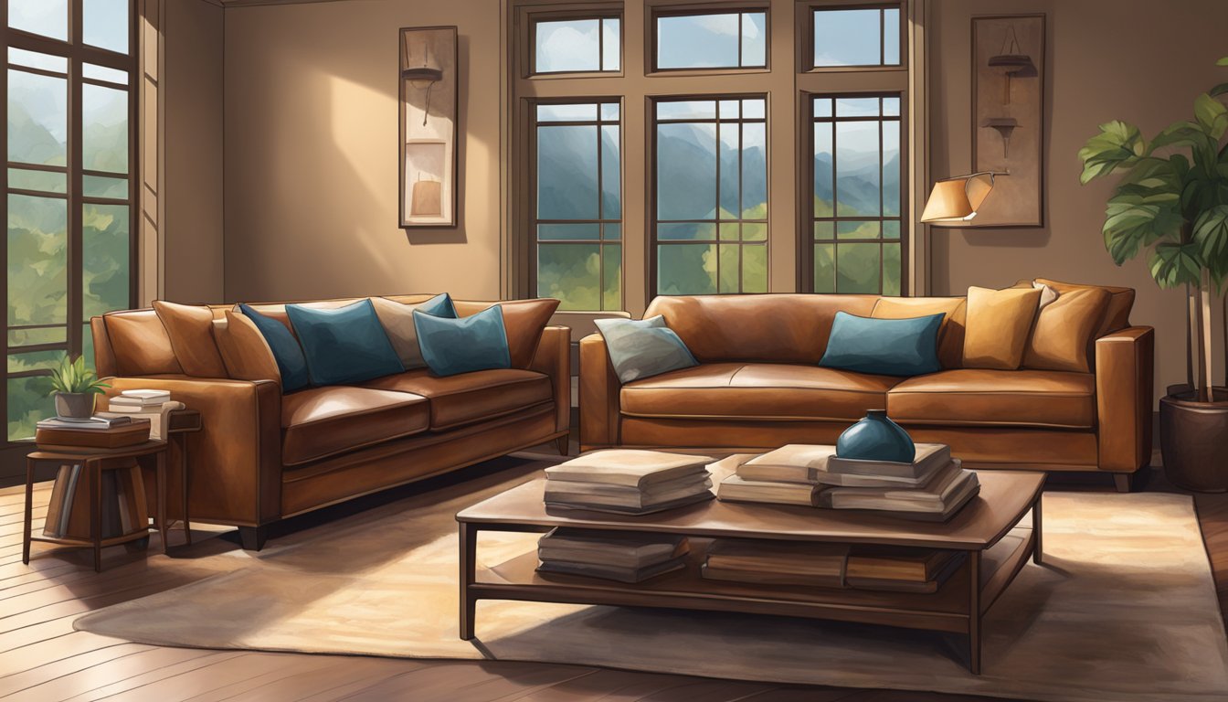 A leather sofa bed stands in a well-lit living room, surrounded by cozy throw pillows. The smooth, rich leather upholstery gleams in the soft light, inviting relaxation and comfort