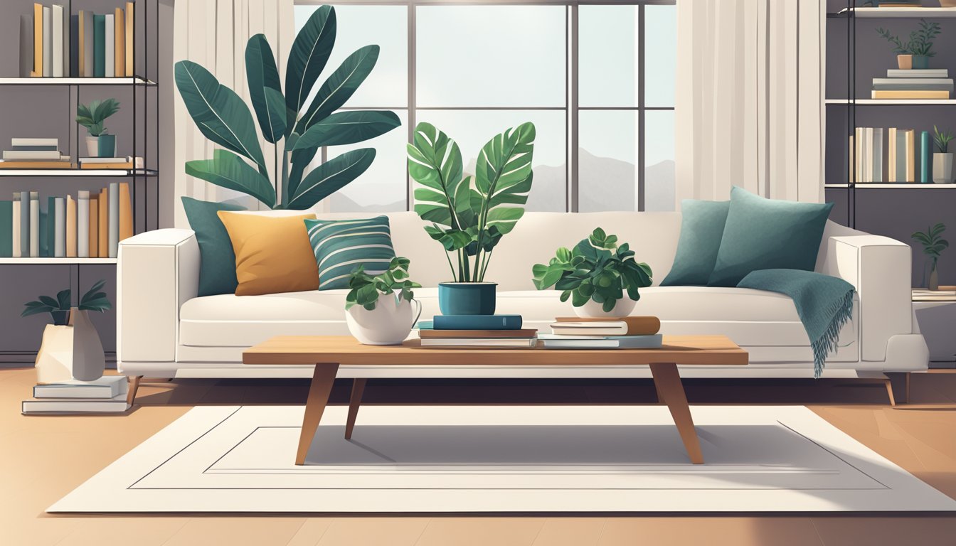 A modern living room with a sleek, minimalist coffee table, adorned with a potted plant and a stack of books