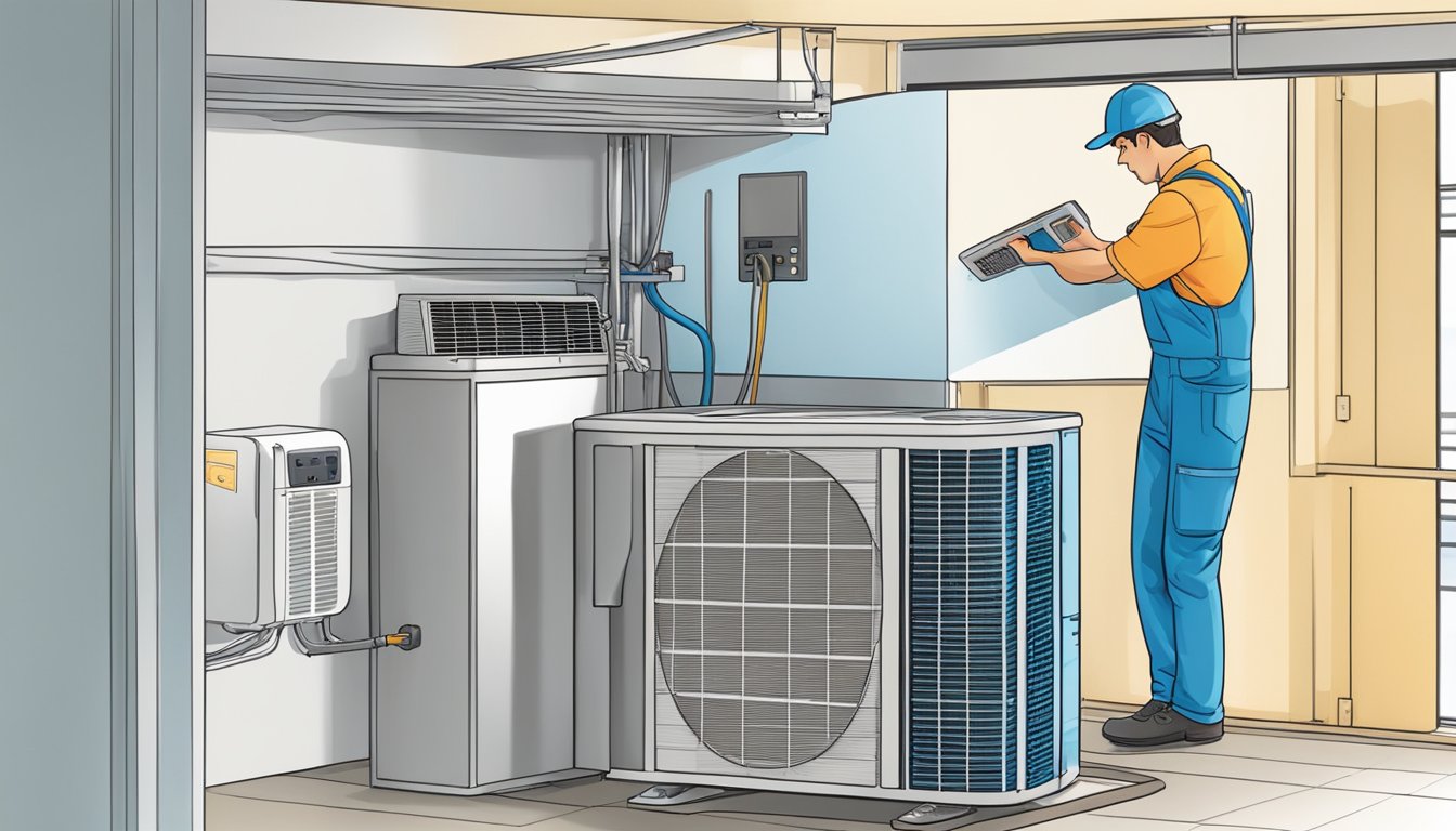 A technician installs and maintains a small air conditioning unit