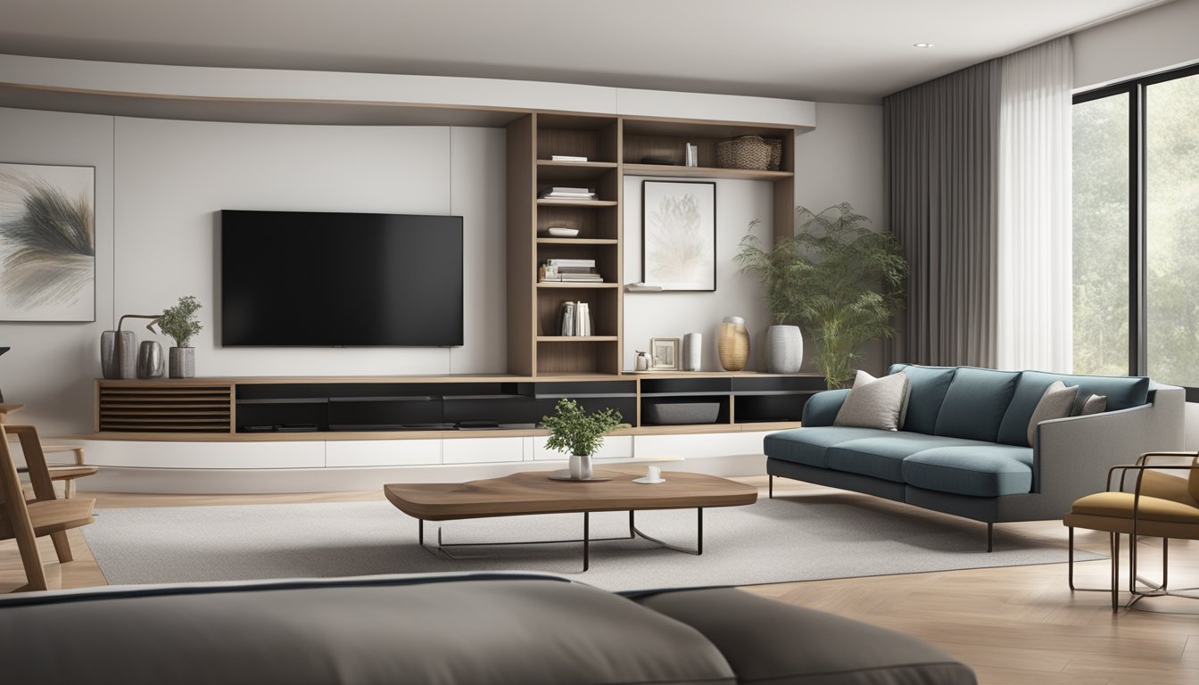 A sleek curved TV console with shelves and drawers, surrounded by a modern living room with a cozy seating area and a large flat-screen TV mounted above the console