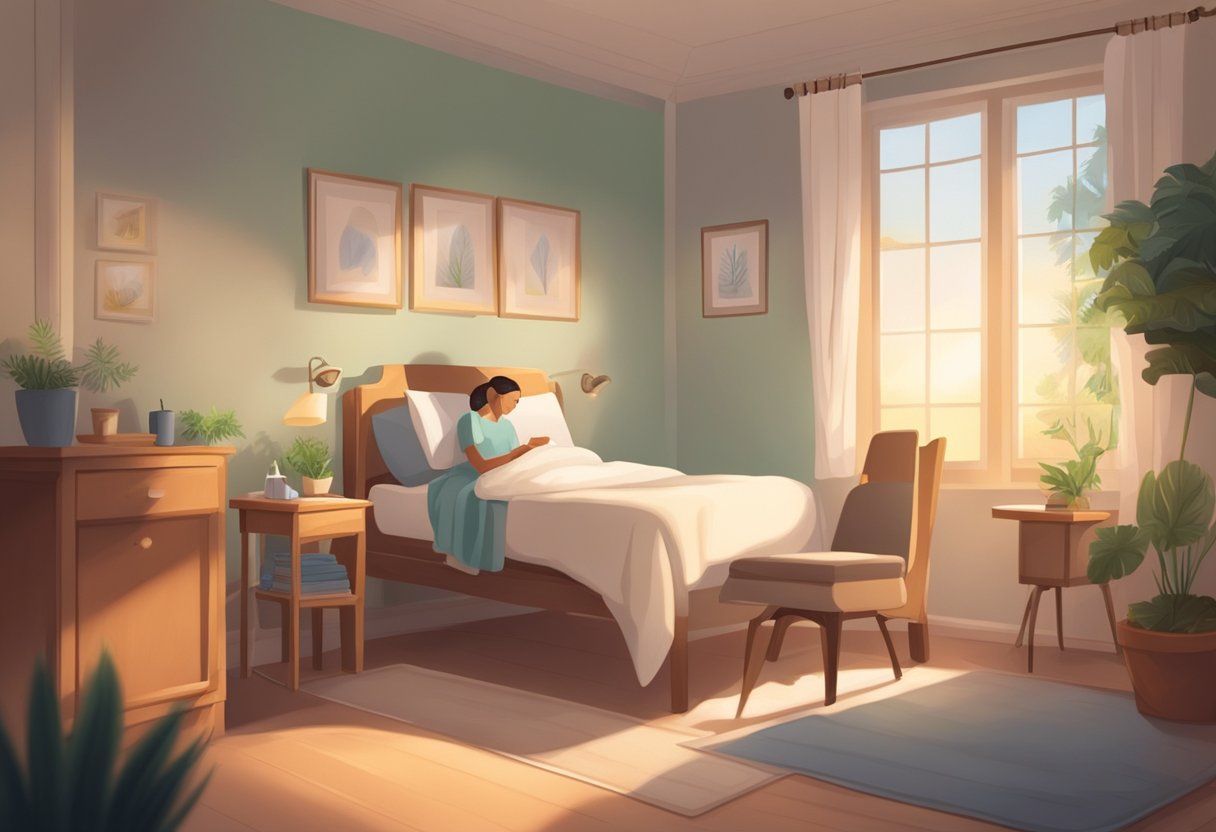 A serene room with soft lighting, a comfortable bed, and a peaceful atmosphere. A caregiver provides gentle support and comfort to a patient