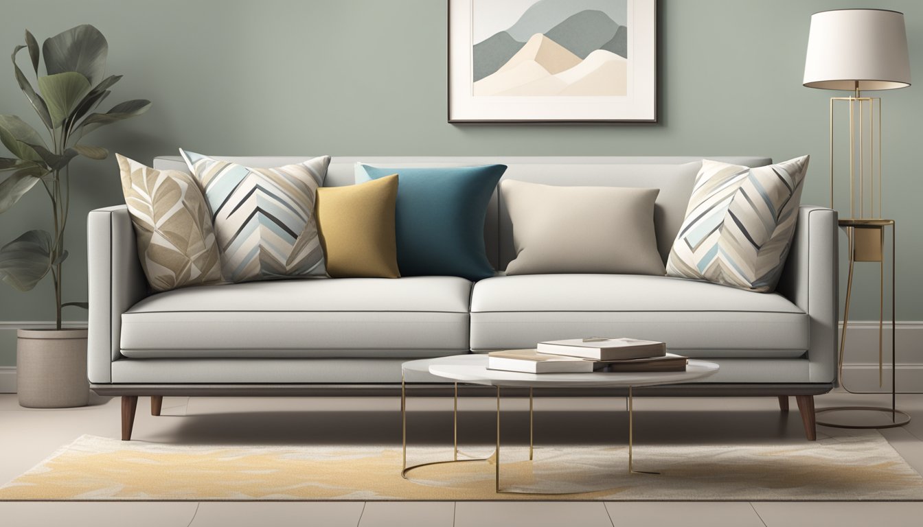 A modern love seat sofa with clean lines and neutral colors sits in a well-lit room, surrounded by minimalist decor and accentuated by a pop of color in the form of a throw pillow