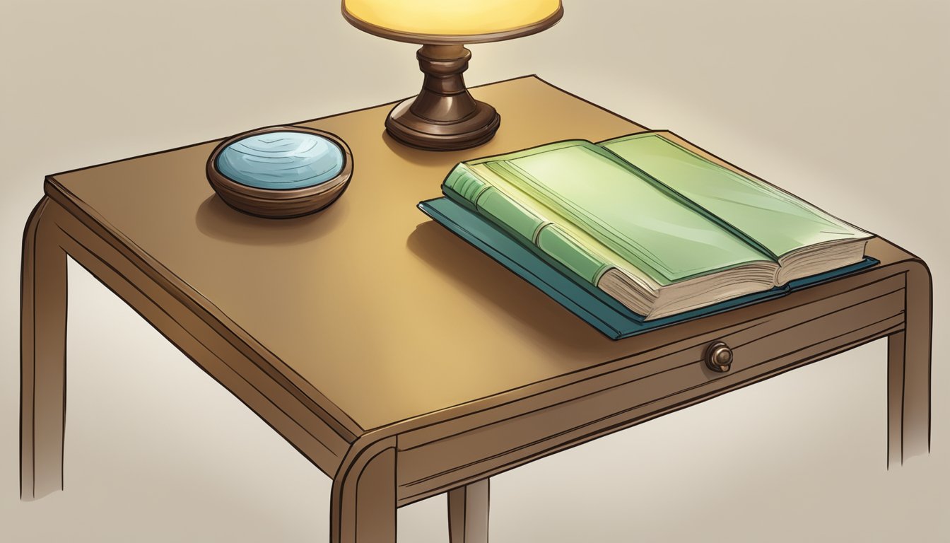 A small, rectangular bedside table with a single drawer, a lamp, and a book resting on its surface