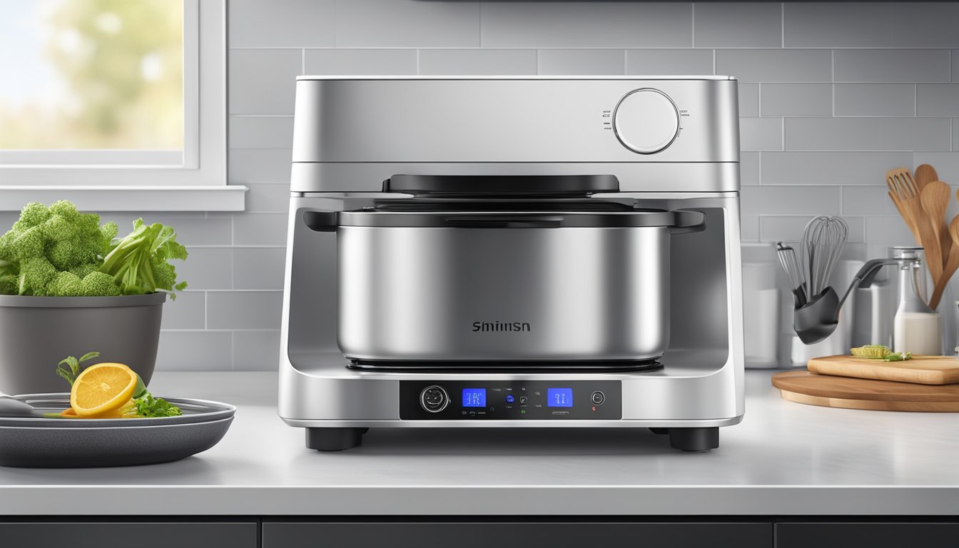 A multi-function cooker sits on a modern kitchen countertop, with sleek design and intuitive features