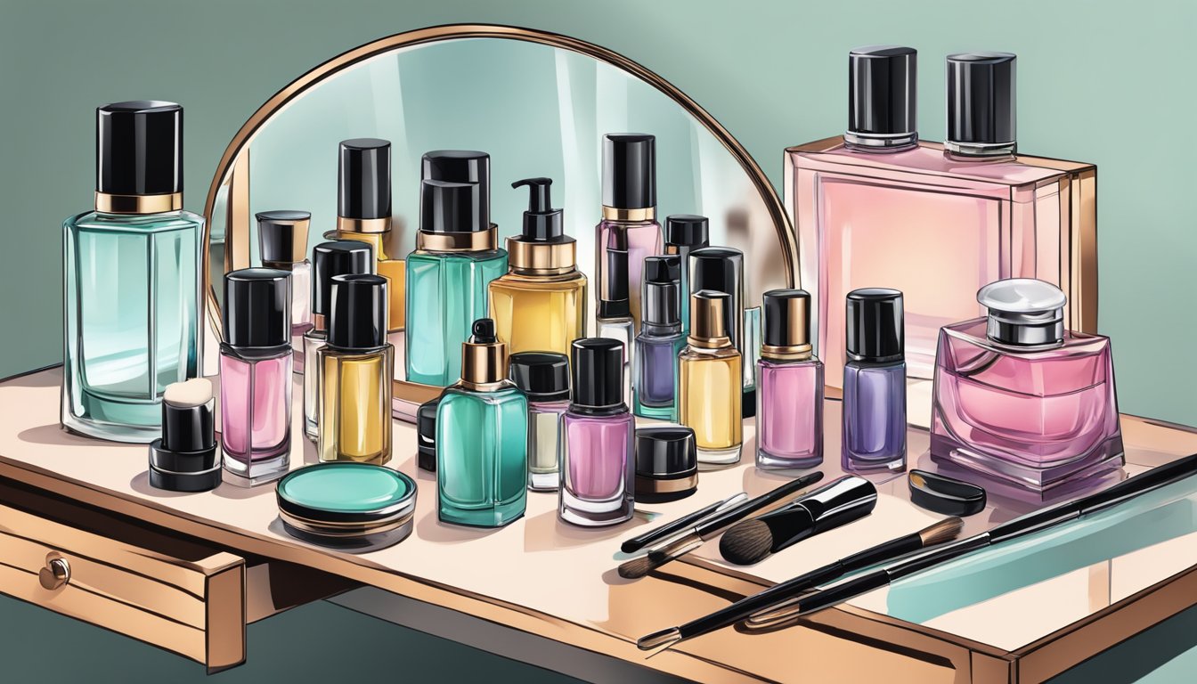 A vanity set sits on a table, with a mirror, brushes, and perfume bottles arranged neatly