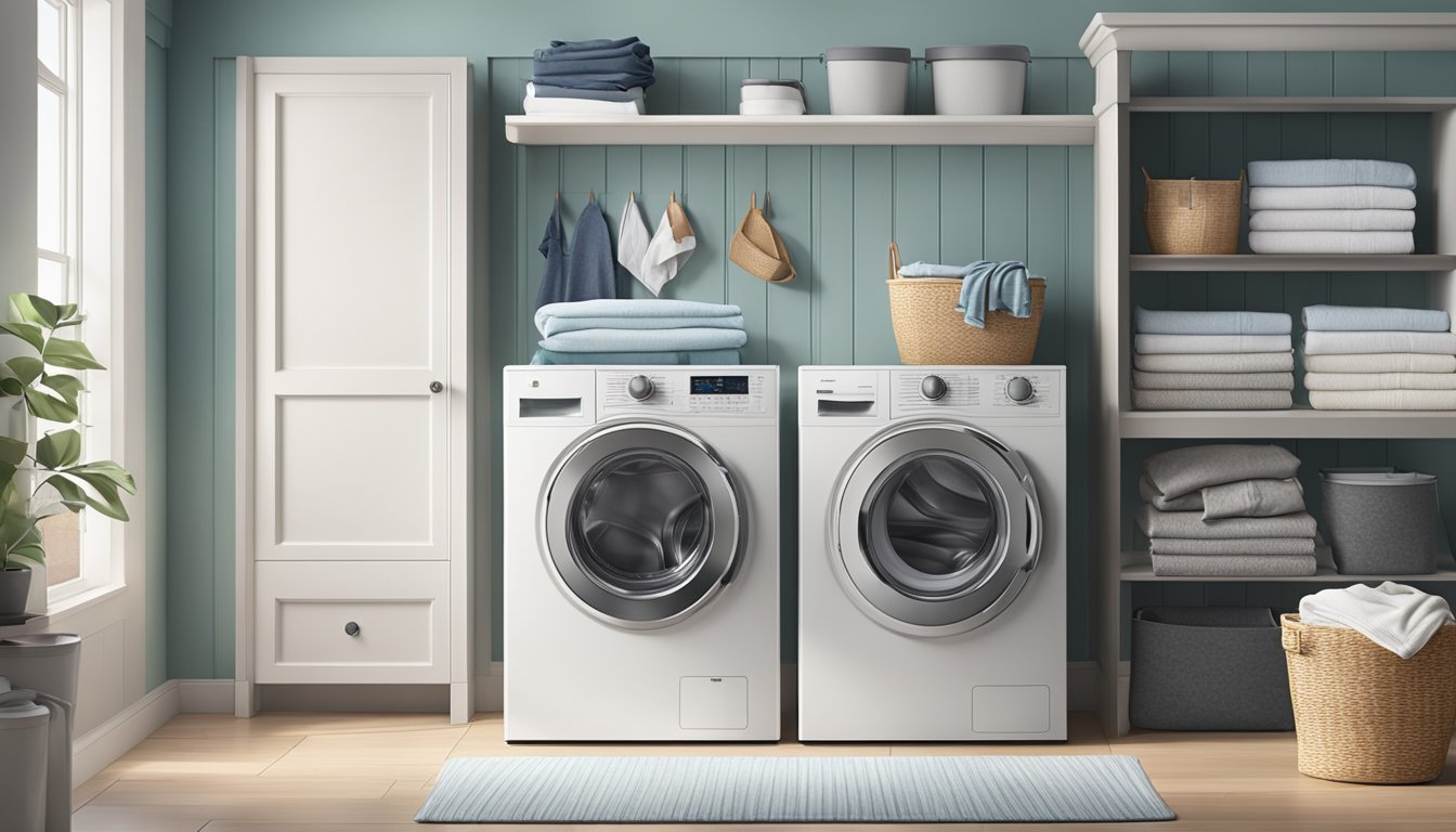 A top load washing machine and dryer in a clean, well-lit laundry room with a basket of clothes nearby