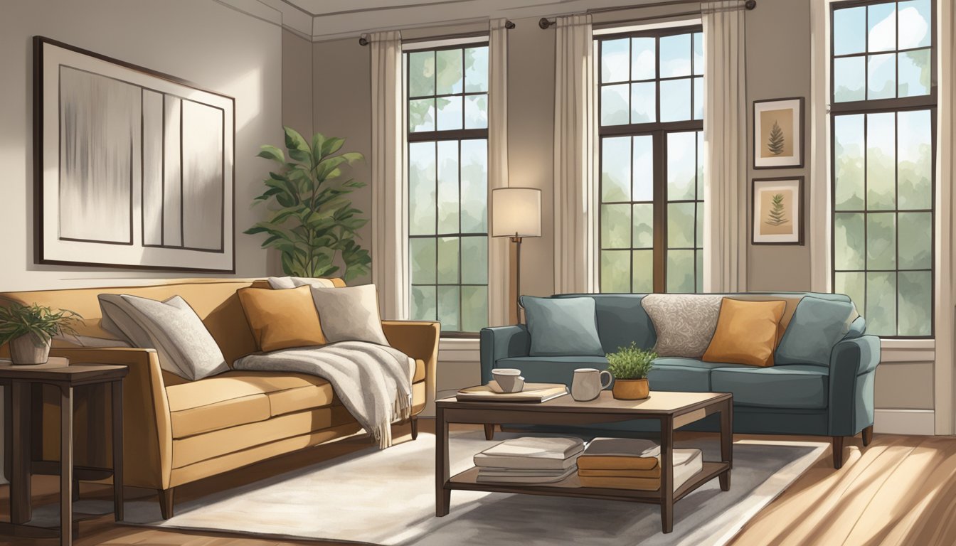 A love seat sofa sits in a cozy living room, positioned near a large window with natural light streaming in. It is adorned with soft throw pillows and a warm blanket, inviting relaxation and comfort