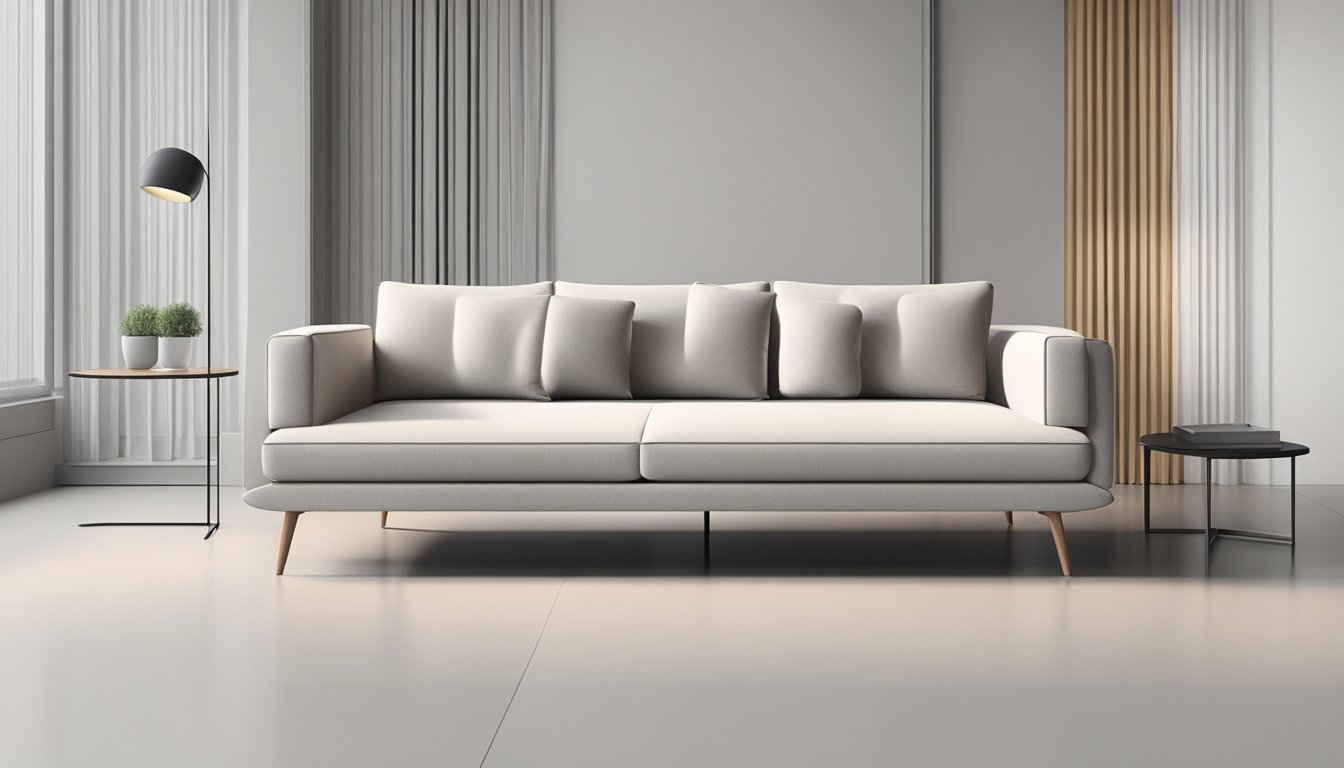 A sleek, modern sofa sits against a white wall. Clean lines and neutral colors create a minimalist aesthetic