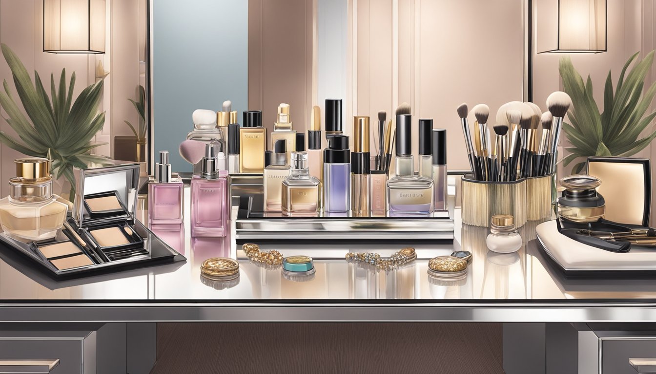 A vanity set sits on a sleek, glass-topped table. The mirror reflects soft, warm lighting, highlighting the array of brushes, perfumes, and jewelry neatly arranged on the surface