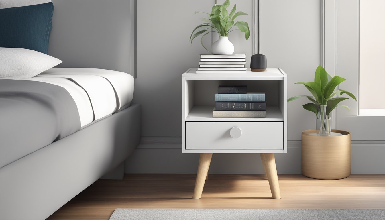 A sleek, modern bedside table with clean lines and a minimalist design, featuring a spacious drawer and a small shelf for books or decor