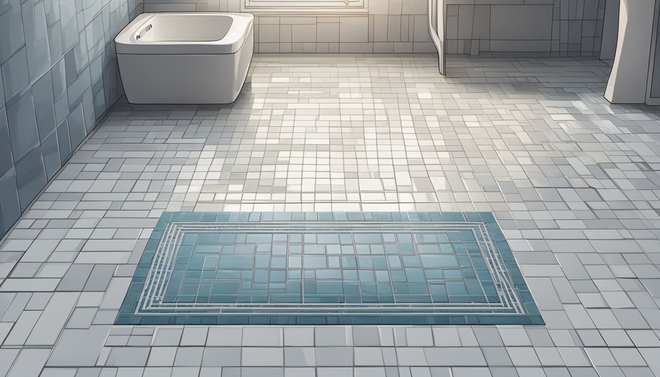 A shower mat lies on a clean, tiled bathroom floor in Singapore. The mat is rectangular with a non-slip surface and a simple, modern design