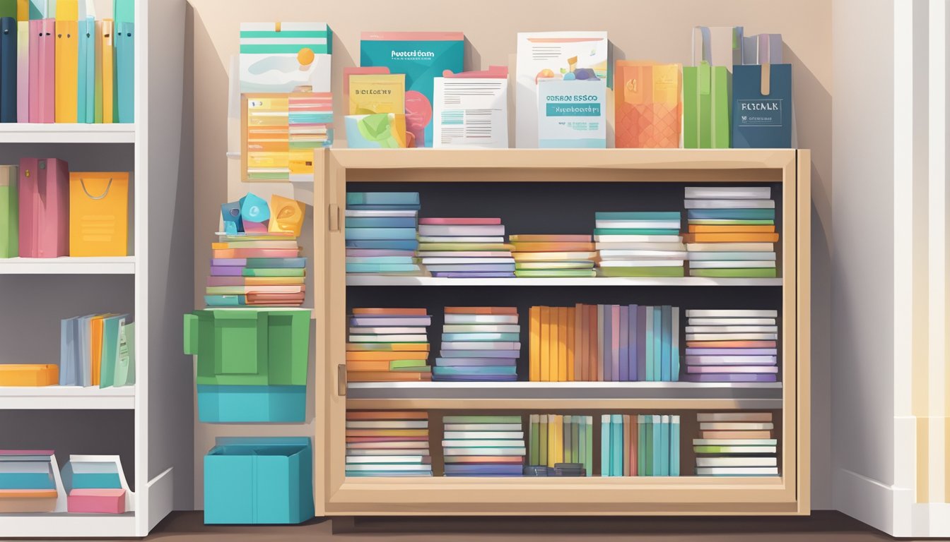 A small cabinet filled with shopping guides sits against a wall, with colorful brochures and pamphlets neatly organized inside