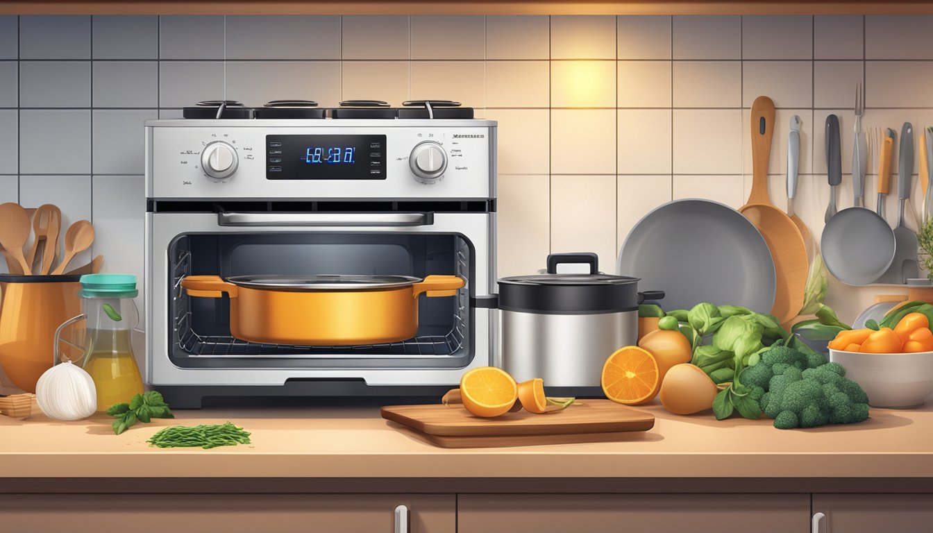 A multi function cooker sits on a kitchen countertop, surrounded by various cooking ingredients and utensils. The appliance is plugged in and emitting a warm glow, indicating it is ready for use