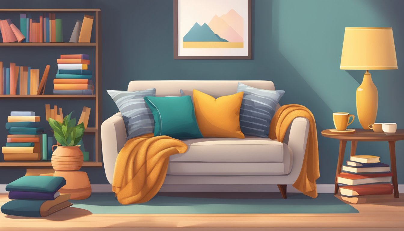 A cozy love seat sofa surrounded by a stack of colorful pillows and a warm throw blanket, with a small side table holding a stack of books and a steaming cup of coffee