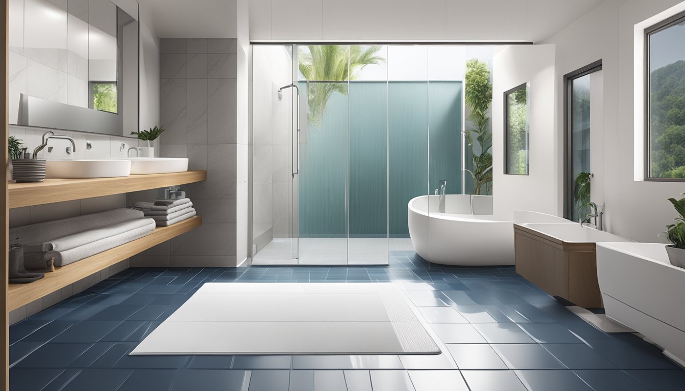 A sleek, modern bathroom with a white, non-slip shower mat on the floor. The mat is water-resistant and fits seamlessly into the Singapore bathroom décor