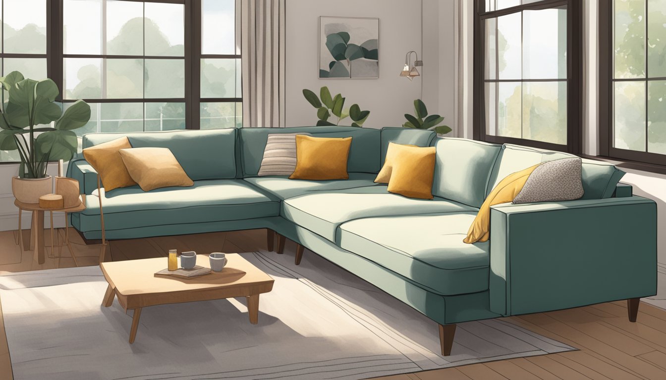 An L-shaped sofa bed sits in a cozy living room, with soft cushions and a warm throw blanket. The room is bathed in natural light from a large window, creating a welcoming and comfortable atmosphere