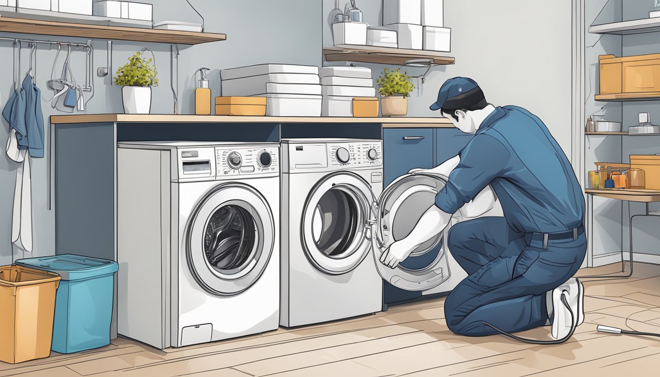 A technician installs a top load washer with dryer, connecting hoses and power supply