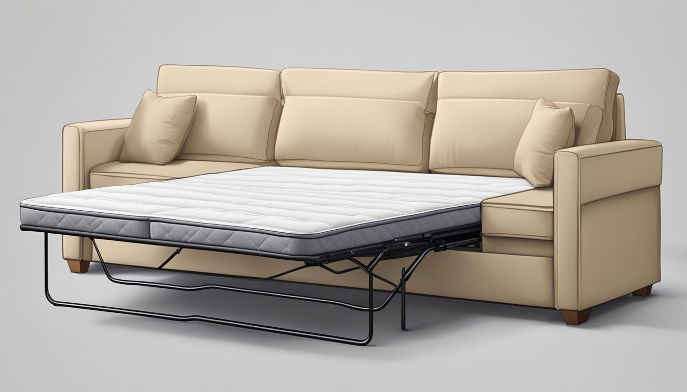 A sofa bed mattress unfolds from a couch, revealing its inner springs and foam layers