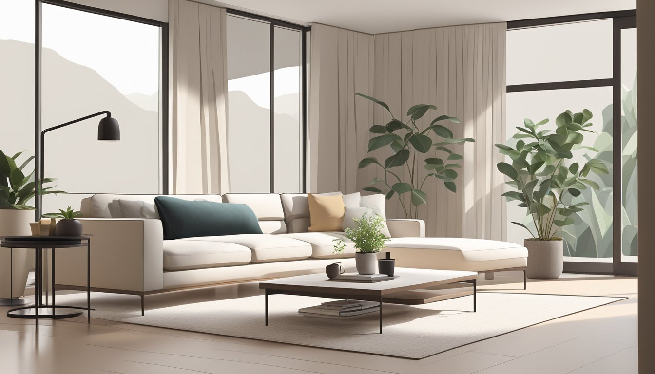 A modern living room with a sleek, low-profile minimalist sofa, clean lines, and neutral colors. A small coffee table and a potted plant add to the minimalist aesthetic