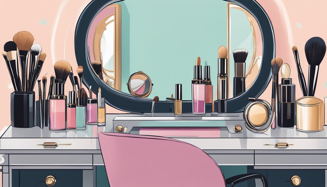 A hand reaches for a vintage mirror on a sleek vanity table, surrounded by makeup and brushes