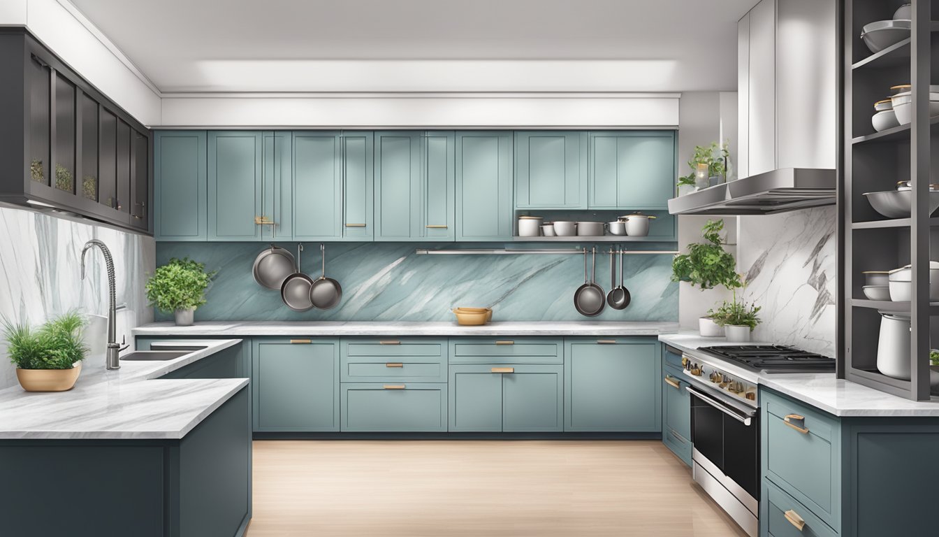 A modern kitchen in Singapore with a sleek, stainless steel baking oven, surrounded by marble countertops and hanging pots and pans