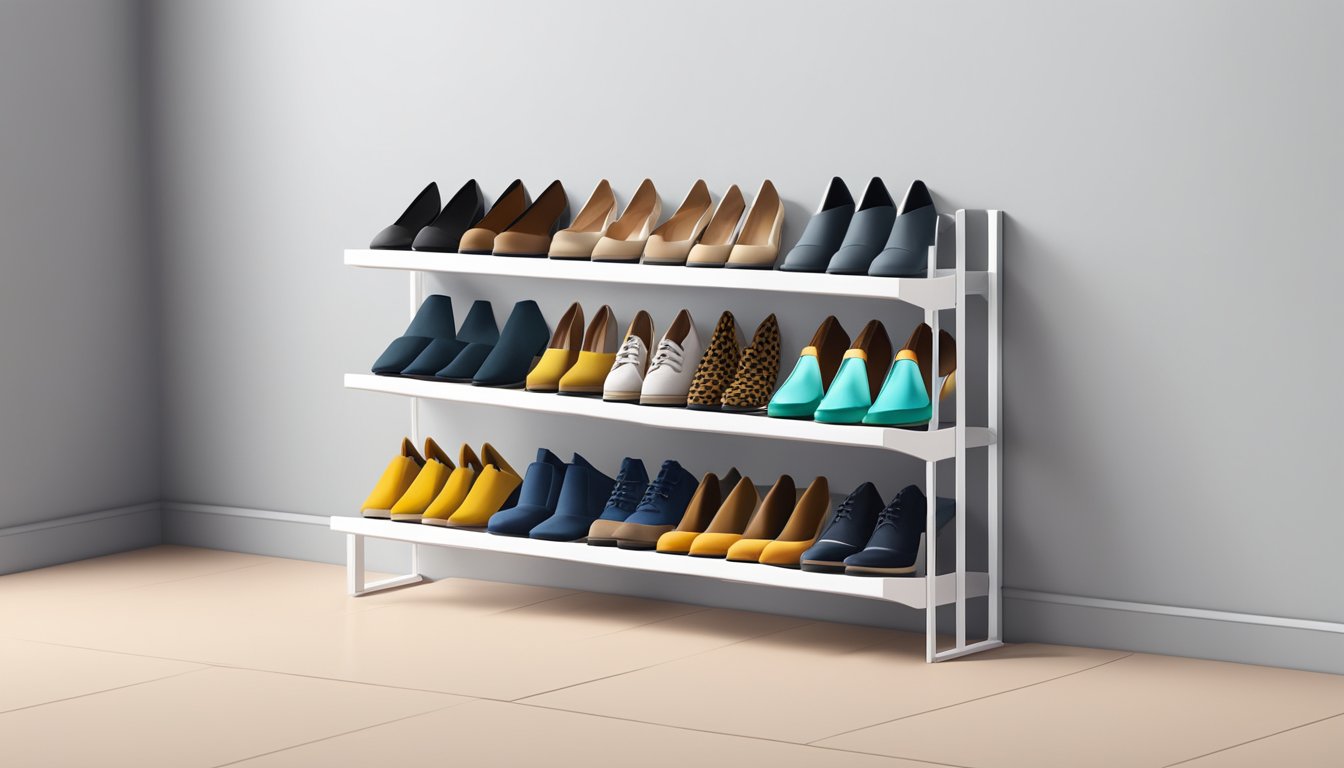 A low profile shoe rack sits against the wall, neatly organizing several pairs of shoes in a compact and minimalist design