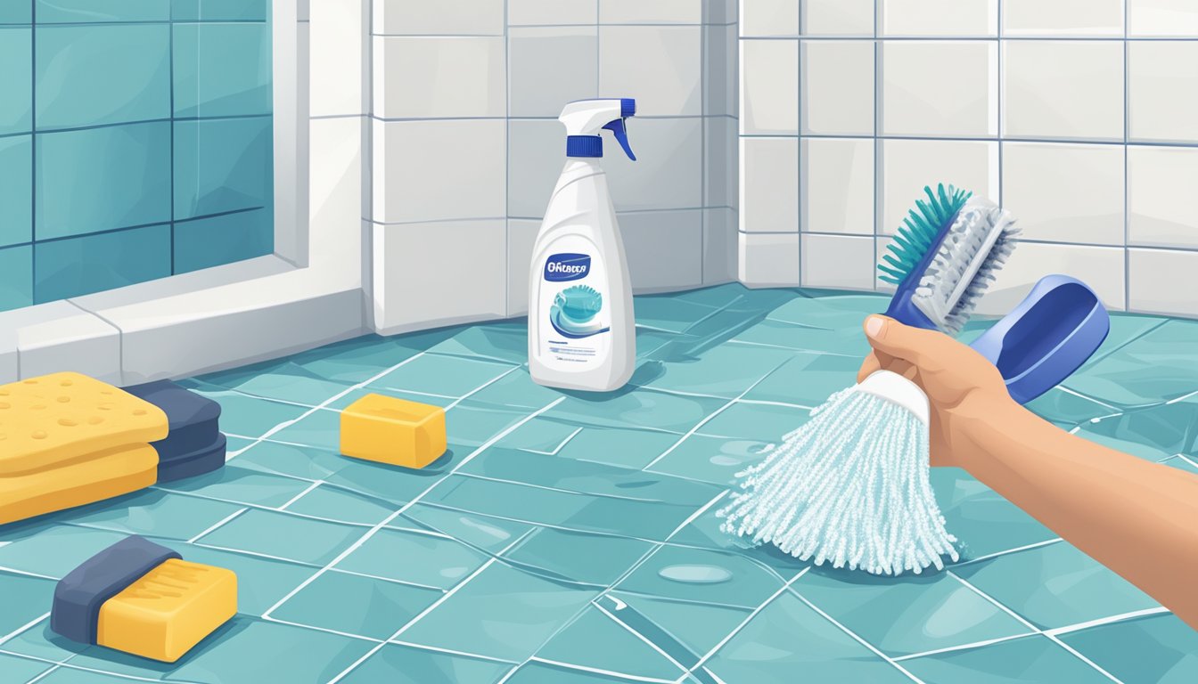 A hand reaches for a bottle of shower mat cleaner on a tiled bathroom floor, surrounded by various accessories like a scrub brush and squeegee