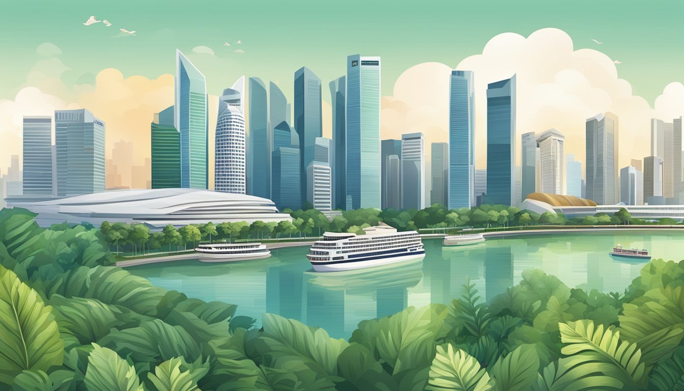 A panoramic view of Singapore's skyline with iconic landmarks and lush greenery, capturing the city's modernity and natural beauty