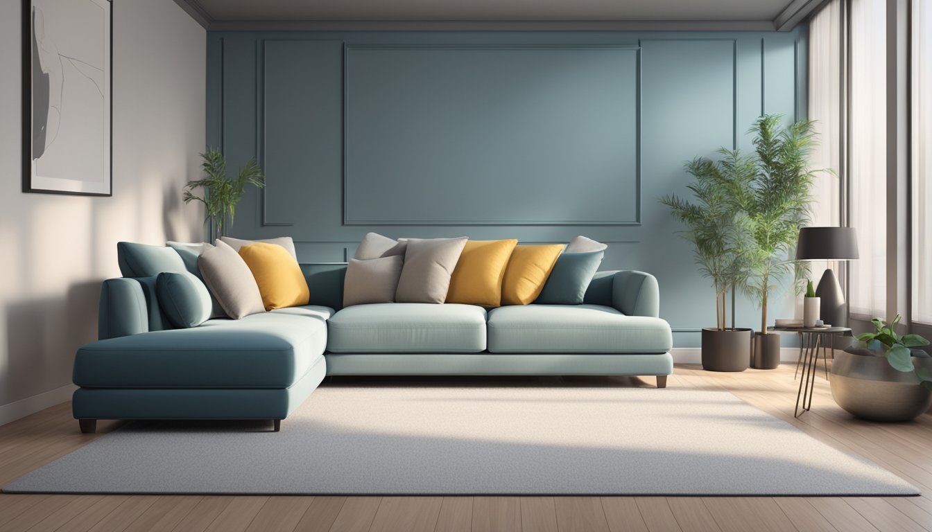 A sleek, modern sofa with clean lines and minimalistic design, placed in a spacious and well-lit room