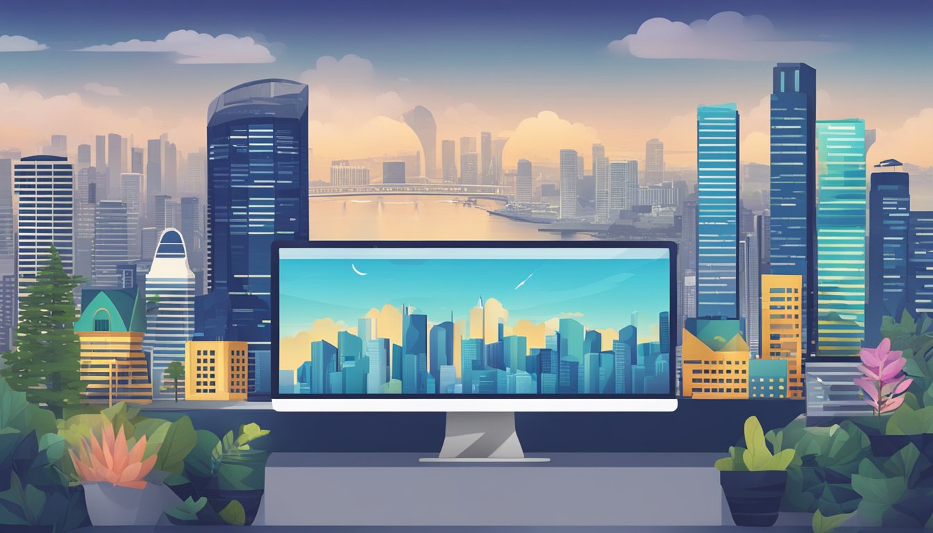 A computer screen displaying the Endowus website with a positive review and the Singapore skyline in the background