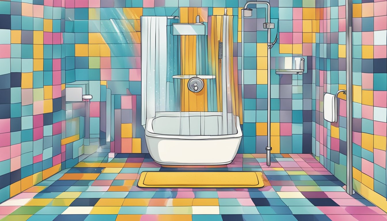 A colorful shower mat with "Frequently Asked Questions" printed on it, surrounded by bathroom tiles and a showerhead above