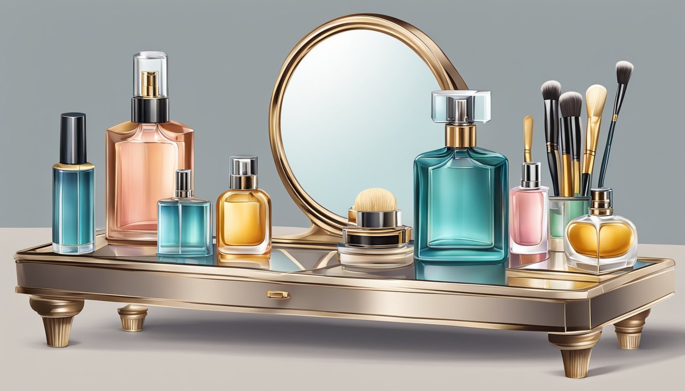 A vanity set with mirror, brushes, and perfume bottles arranged neatly on a table