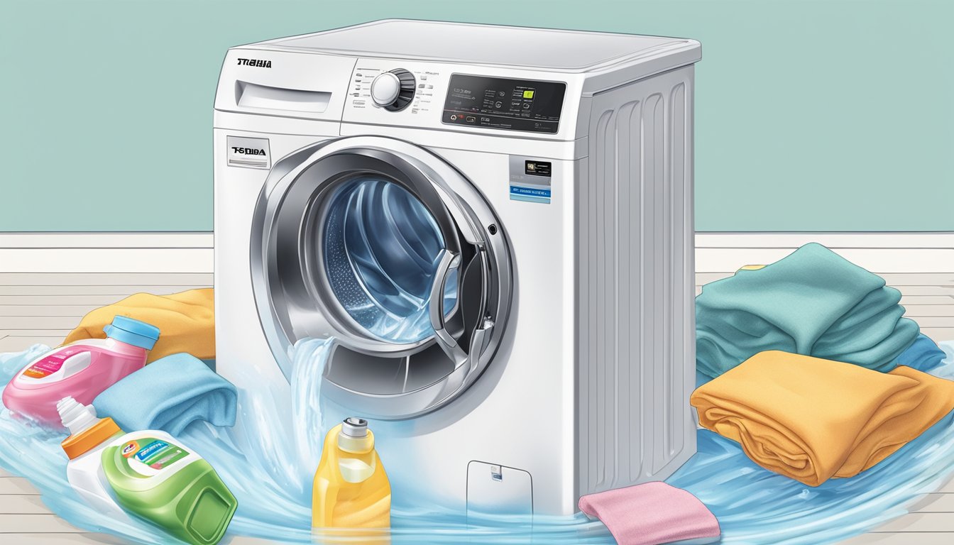A Toshiba top load washing machine agitating clothes with water and detergent
