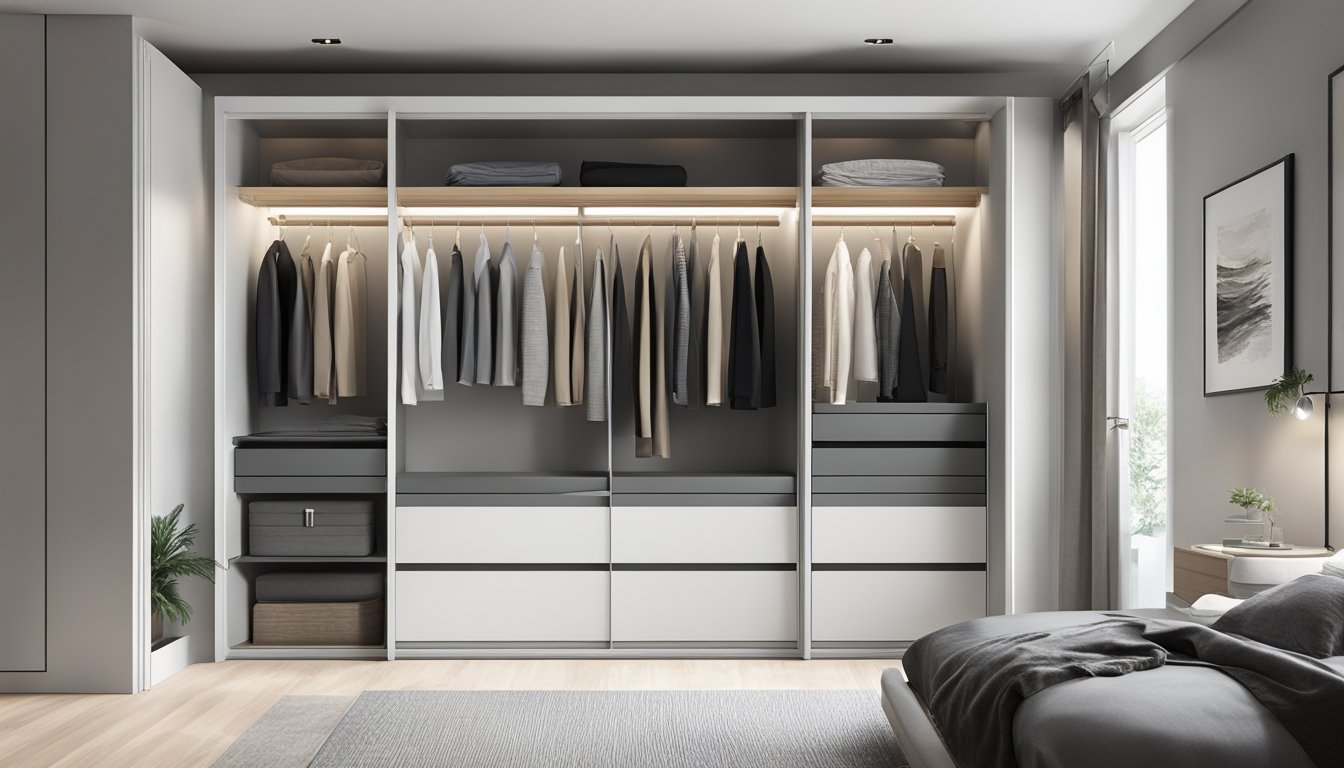 A modern built-in wardrobe with sleek sliding doors. Clean lines and minimalistic design