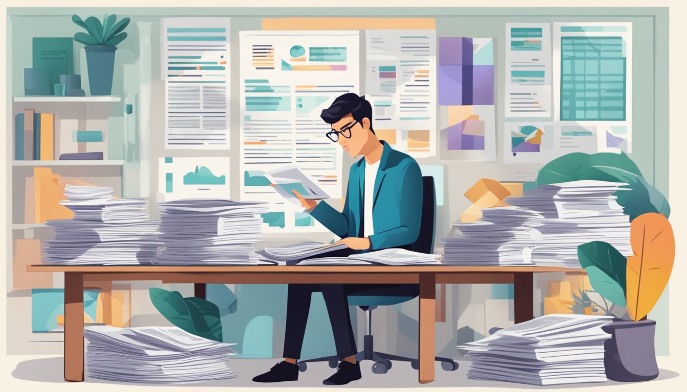 A person reading a document with a puzzled expression, surrounded by various financial documents and charts